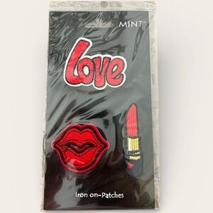 Mint Red and Black Iron-On Embroidered lips, lipstick, and a "Love" Patches